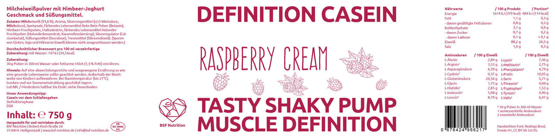 Casein Protein Himbeere BSF Etikett